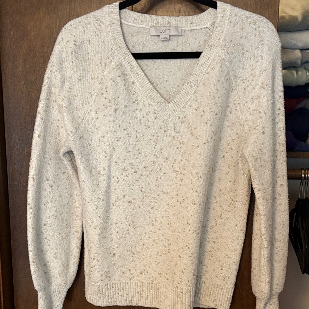LOFT Women's Speckled Cream V-Neck Sweater